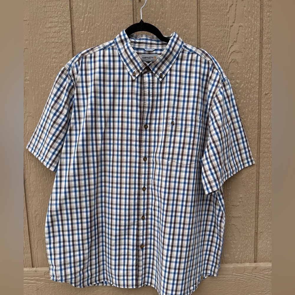 Carhartt Men’s Short-Sleeve Plaid Button-Up Shirt - Blue & Brown